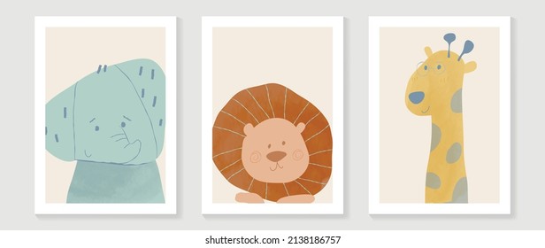 Kids and cute wall art vector collection. Funny and lovely design with elephant, lion, giraffe. Minimal design for bedroom and home decoration pictures. kids cover background template.