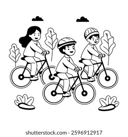 Kids cycling illustration in glyph style 
