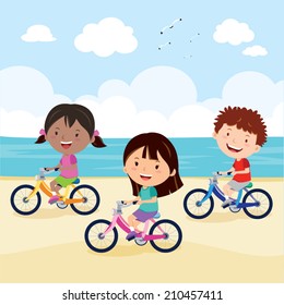 Kids cycling on the beach. Kids enjoy their bike ride on the beautiful beach.