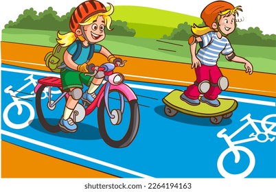 kids  cyclists enjoy riding bicycles and skateboards on road. Happy kids riders cartoon characters having fun. Sport, transportation entertainment. Flat vector isolated illustration