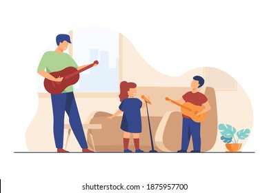 Niños y papá tocando guitarra y cantando en casa. Rendimiento, instrumentos musicales, ilustración vectorial plana de canciones. Ocio, entretenimiento, concepto familiar para banner, diseño de sitios web o página web de aterrizaje