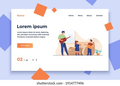 Kids and dad playing guitar and singing at home. Performance, musical instruments, song flat vector illustration. Leisure, entertainment, family concept for banner, website design or landing web page