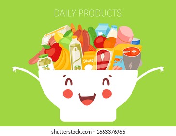 Kids daily menu products in cute bowl, meal for every day healthy food for child cartoon vector illustration. Vegetables, fish, bread, meat and fruits daily kids menu breakfast, luch and dinner.