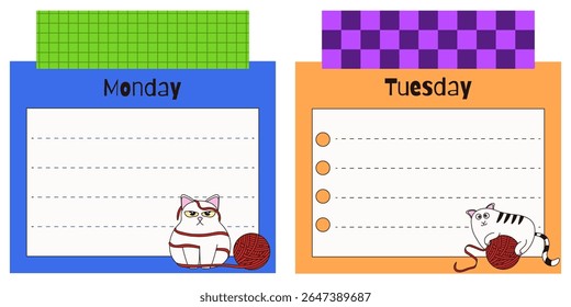 Kids Daily planner list. Vector illustration of Day Planner with Whimsical cute cat and duct tape. Perfect silly child to do list nursery scrapbook art. EPS 10
