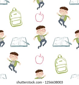 Kids daily routine cartoon pattern with nerd boy, open exercise book, backpack, apple. Cute modern vector seamless illustration on white background.