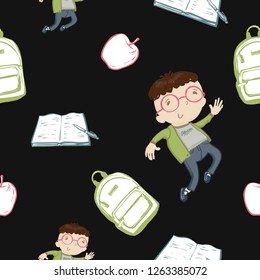 Kids daily routine cartoon pattern with nerd boy, open exercise book, backpack, apple. Cute modern vector seamless illustration on black background.