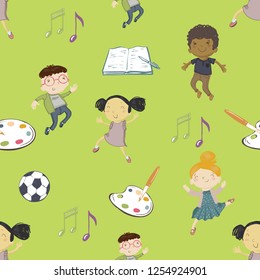 Kids daily routine cartoon seamless pattern. Artist palette, ball, open exercise book, musical notes, african boy, nerd, dancing asian girl. Cute modern vector illustration on yellow green background.