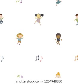 Kids daily routine cartoon seamless pattern. Music lesson at school. Happy african boy, nerd kid, dancing girlie, asian girl, musical notes. Cute modern flat vector illustration on white background.