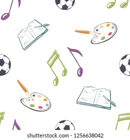 Kids daily routine cartoon seamless pattern with artist palette, ball, open exercise book, musical notes. Cute modern flat vector illustration on white background