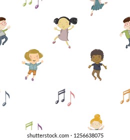 Kids daily routine cartoon seamless pattern. Music lesson at school. Happy african boy, nerd kid, dancing girlie, asian girl, musical notes. Cute modern flat vector illustration on white background.