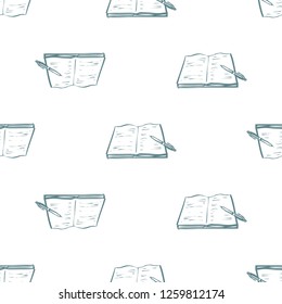 Kids daily routine cartoon seamless pattern with open exercise book. Cute modern flat vector illustration on white background