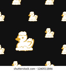 Kids daily routine cartoon seamless pattern with bath rubber duck. Cute modern flat vector illustration on black background
