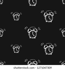 Kids daily routine cartoon seamless pattern with alarm. Cute modern flat vector illustration on black background
