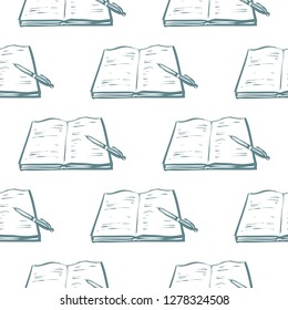 Kids daily routine cartoon seamless pattern with open exercise book. Cute modern flat vector illustration on white background