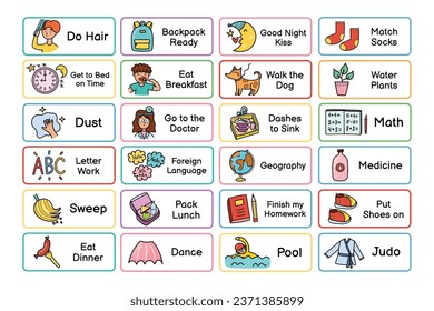 Kids daily routine chores collection. Responsibilities list for the chore chart. Morning and evening tasks set. Vector illustration