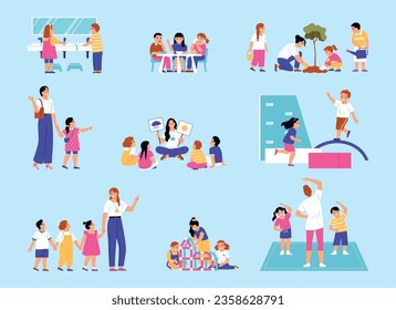 Kids daily routine in kindergarten flat set isolated on color background vector illustration
