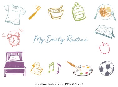 Kids Daily routine time activities. Cartoon doodle vector illustration
