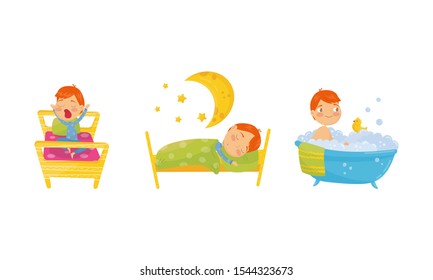 Kids Daily Routine Vector Illustrations Set. Boy Character Getting Up In The Morning