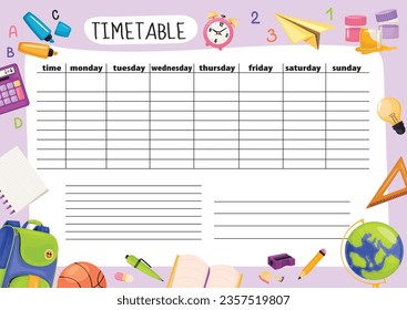 Horario escolar diario para niños con suministros escolares. Planificador escolar impreso. El juego de sábanas para los niños. Lista de tareas pendientes.