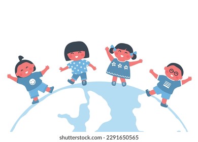 Kids dance on the globe. Group of children have fun. Happy baby girls and baby boys. Vector illustration