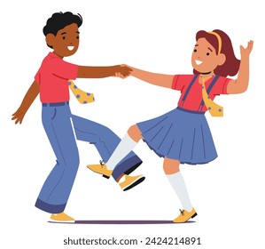 Kids Dance Rock And Roll, Vibrant And Energetic Dance Style. Children Groove To The Upbeat Rhythms Of Classic Rock-n-Roll Music, Expressing Joy Through Lively Movements. Cartoon Vector Illustration