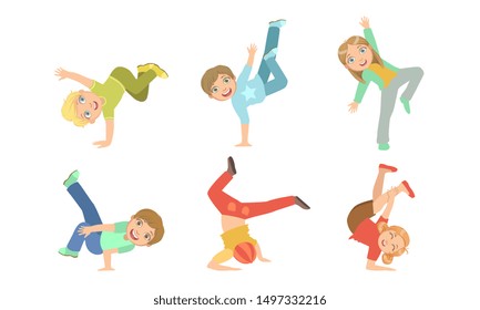 Kids Dancing Break Dance Set, Boys and Girls Performing Modern Dance Vector Illustration