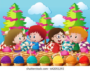 Kids dancing in the candyland illustration