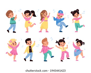 Kids dancing. Children characters dance and sing, little happy girls and boys listen melodies, young music lovers, notes in air. Leisure time in school vector cartoon isolated set