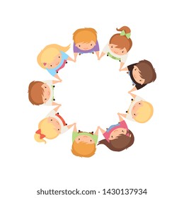 Kids Dancing In Circle Holding Hands, Cute Little Boys And Girls Playing Together, Top View Cartoon Vector Illustration