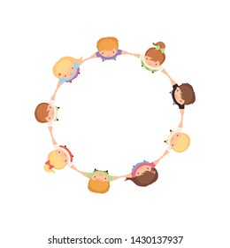 Kids Dancing in Circle Holding Hands, Cute Little Boys and Girls Playing Together, View from Above Cartoon Vector Illustration