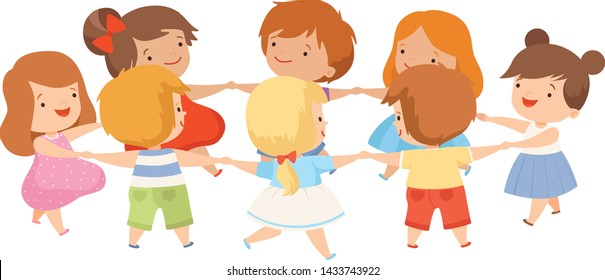 Kids Dancing in Circle Holding Hands, Cute Happy Boys and Girls Playing Together Cartoon Vector Illustration