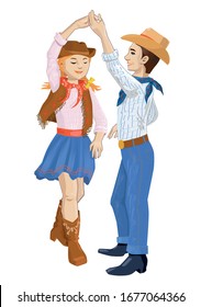 Kids Dancing Country Dance. American children, dancing couple. Vector illustration