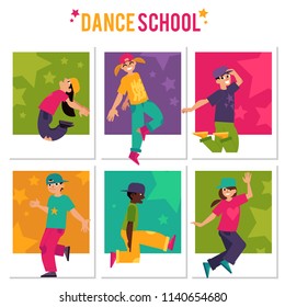 Kids dancing hip-hop banners set isolated on white background. Diversity children in bright clothes and hats doing modern movements of break dance in flat cartoon vector illustration.