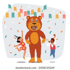 Kids Dancing Joyfully With Entertainer Dressed As A Bear At Festive Holiday Party, Complete With Colorful Bunting And Confetti. Children Characters Celebrate Birthday. Cartoon Vector Illustration