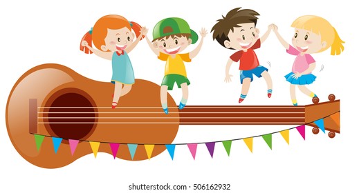 Kids dancing on giant guitar illustration