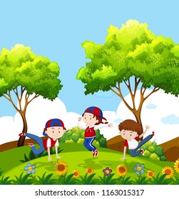 kids dancing in park illustration