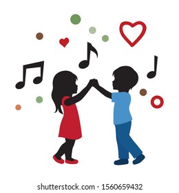 kids dancing surrounded by musical notes, hearts and colorful confetti, vector