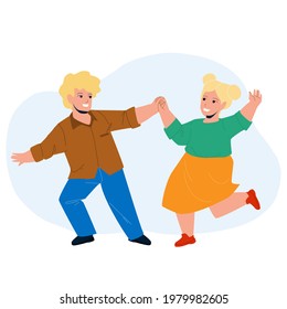 Kids Dancing Together On Children Party Vector. Happy Smiling Boy And Girl Kids Dancing In Dance School. Cute Characters Choreography, Funny Leisure Childhood Flat Cartoon Illustration