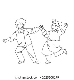 Kids Dancing Together On Children Party Black Line Pencil Drawing Vector. Happy Smiling Boy And Girl Kids Dancing In Dance School. Cute Characters Choreography, Funny Leisure Childhood Illustration