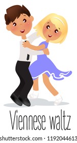 Kids dancing Viennese waltz. Vector illustration Ballroom dance school.  