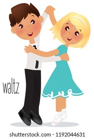 Kids dancing Waltz. Vector illustration Ballroom dance school.  