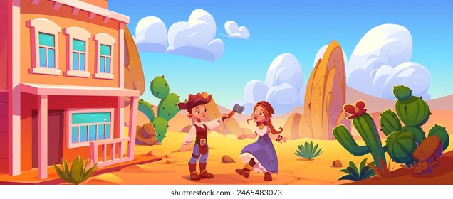 Kids dancing in wild west town. Vector cartoon illustration of western saloon building entrance, children in costumes standing in street, sandy desert background with exotic cacti, clouds in sunny sky