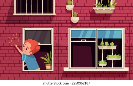 Kids danger cartoon composition with boy hang out of the window vector illustration