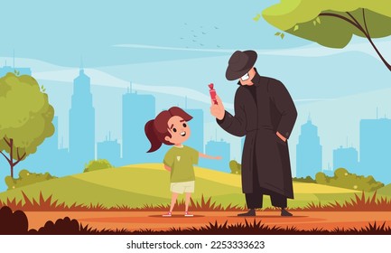 Kids danger cartoon concept with girl talking to stranger outdoors vector illustration