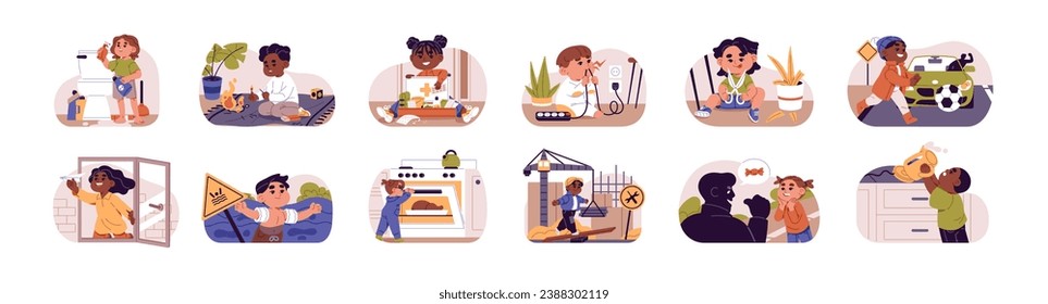 Kids danger set. Hazard accidents indoor, outdoor. Baby play with fire, electricity, pills, chemicals, scissors. Child talks with stranger. Children safety. Flat isolated vector illustration on white.