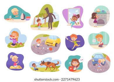 Kids in dangerous situations, infographics set vector illustration. Cartoon children play with stranger or in street in front of car, danger and risk of accident at home of baby boys and girls