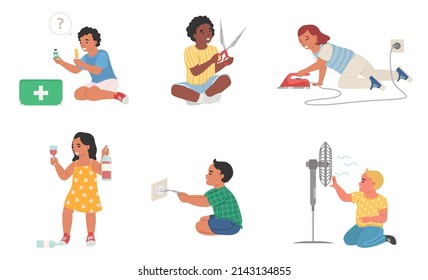 Kids in dangerous situations isolated vector set. Children playing with pills, sharp objects, electric home appliance, alcohol