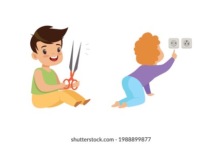 Kids in Dangerous Situations Set, Boy Playing Scissors, Toddler Baby Touching Electrical Socket Cartoon Vector Illustration