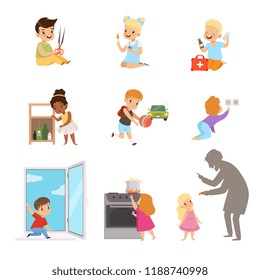 Kids in a dangerous situations set, children playing with matches, medicines, sharp objects, electricity, strangers vector Illustration on a white background