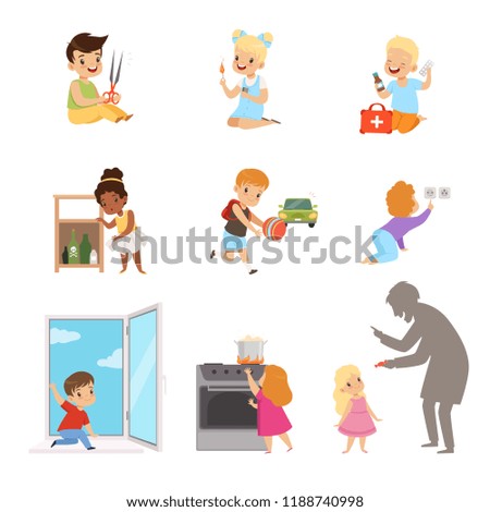 Kids in a dangerous situations set, children playing with matches, medicines, sharp objects, electricity, strangers vector Illustration on a white background